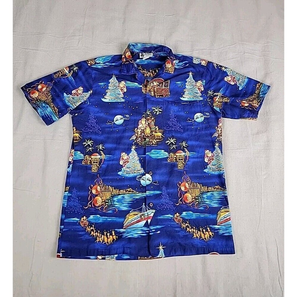 Aloha Republic Hawaiian Shirt Mens L‎ Blue Christmas Santa Camp Dad Lightweight